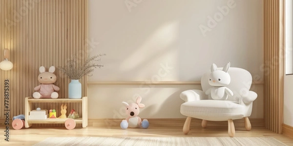 Fototapeta A minimalist and simple children's room wall background with a small toy cart on the floor, 