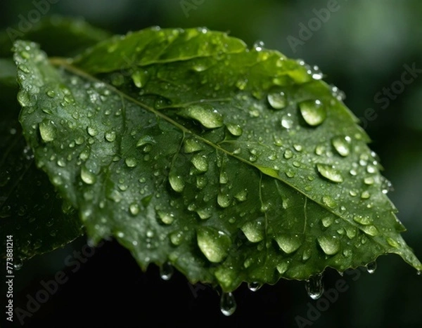 Obraz Close up photo of green leaves with rain drops