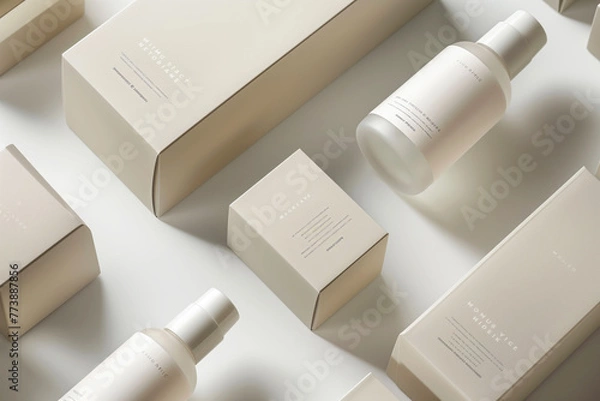Fototapeta Minimalist skincare line with touch of quiet luxury. Products in line meticulously formulated to deliver effective results. Everyday routine, close-up