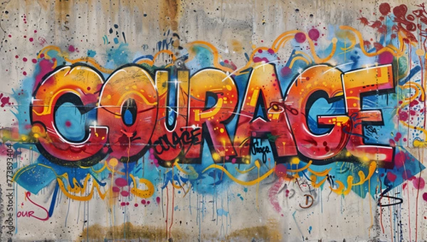Fototapeta The word "COURAGE" as an artistic illustration graffiti on an old concrete wall in colorful hues.