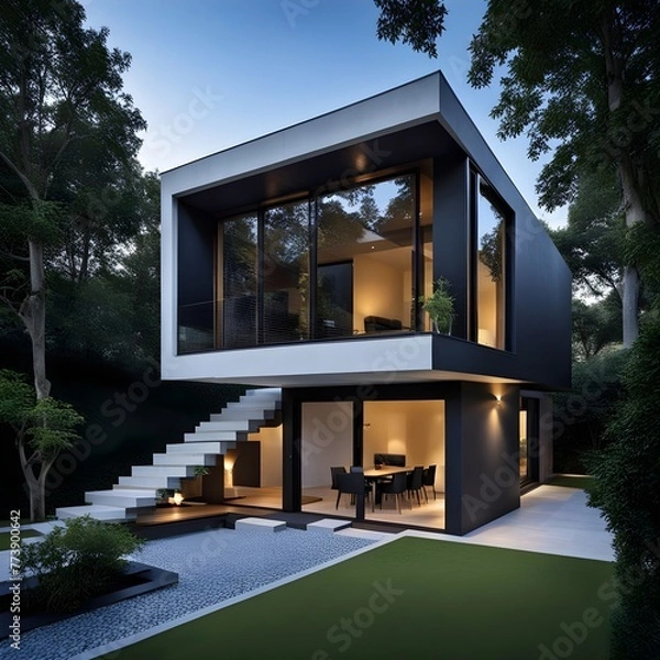 Fototapeta beautiful modern architect house with different floors located and pool in the garden 