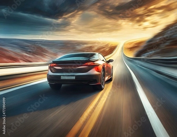 Fototapeta Dynamic motion blur of a car driving fast on an open road with a vibrant sunset background