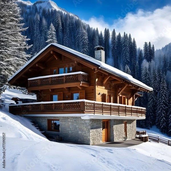 Fototapeta beautiful modern architect house with different floors located and pool in the garden 