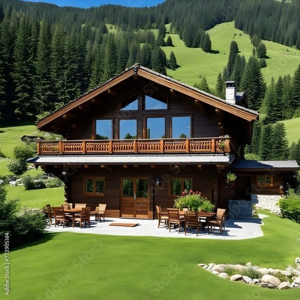 Fototapeta beautiful modern architect house with different floors located and pool in the garden 