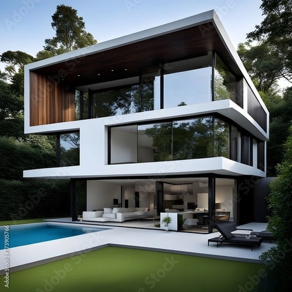 Fototapeta beautiful modern architect house with different floors located and pool in the garden 