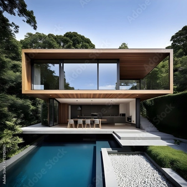Fototapeta beautiful modern architect house with different floors located and pool in the garden 