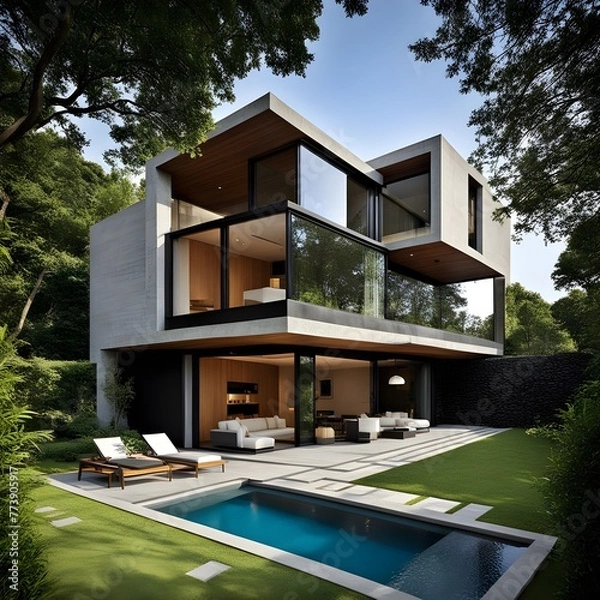 Fototapeta beautiful modern architect house with different floors located and pool in the garden 