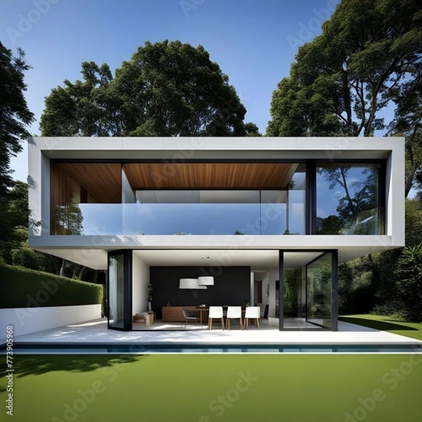Fototapeta beautiful modern architect house with different floors located and pool in the garden 