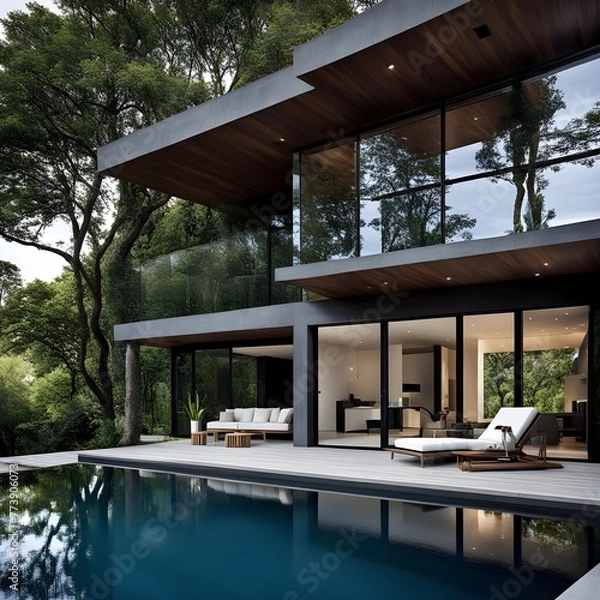 Fototapeta beautiful modern architect house with different floors located and pool in the garden 