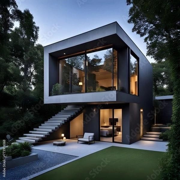Fototapeta beautiful modern architect house with different floors located and pool in the garden 