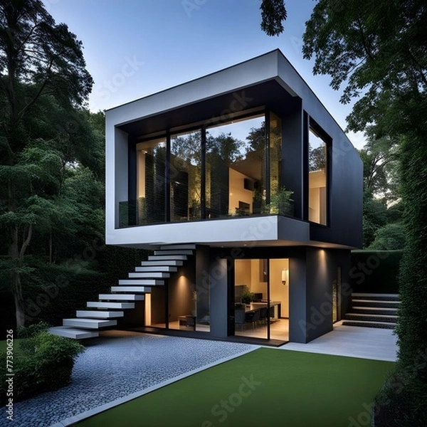 Fototapeta beautiful modern architect house with different floors located and pool in the garden 