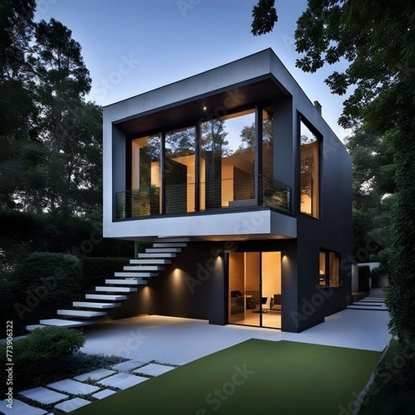Fototapeta beautiful modern architect house with different floors located and pool in the garden 