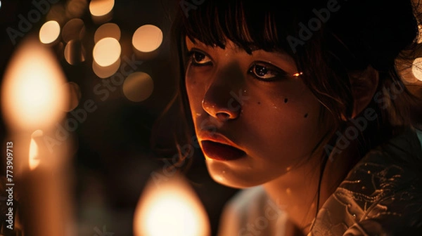 Fototapeta Illusion of light beams and shapes resembling lens flare from special lenses, created using candlelight