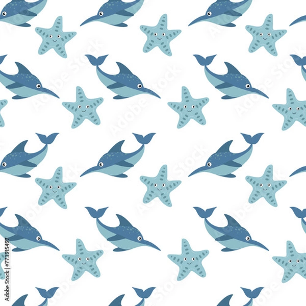 Fototapeta Seamless background with dolphins. Trendy dolphin pattern for wrapping paper, wallpaper, stickers, notebook cover and other designs.
