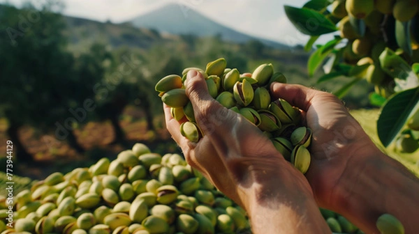 Obraz the pistachio baron of Bronte, gently holds a handful of fresh, green pistachios, letting them symbolically fall back into a colossal pile. The background features a traditional Sicilian farm