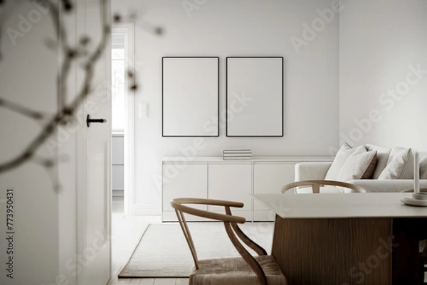 Fototapeta Mockup of two poster frames (Din A) in the dinning room interior. Minimalistic apartment design: Light gray interior with a poster frame. Laconic apartment design: light room with beige accents