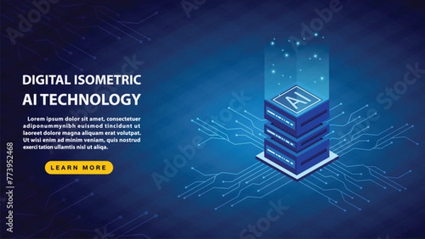 Obraz Digital isometric AI technology on blue background, Big data, Cloud computing, Machine learning, Vector illustration.