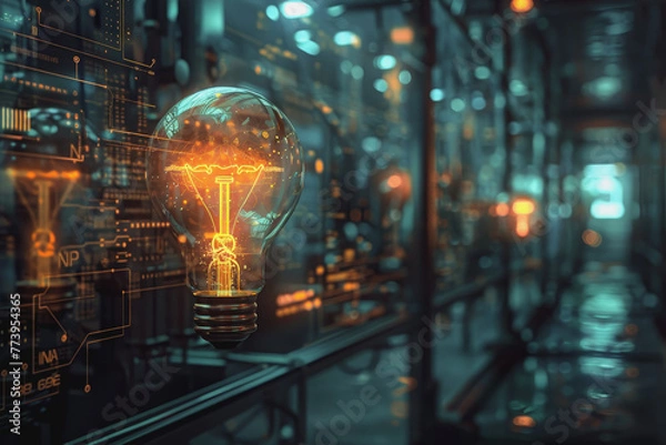 Fototapeta Pan idea bulb amidst a modern, futuristic setting, metallic surfaces, and digital screens.