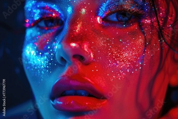 Fototapeta Colorful neon makeup on high fashion model in studio.