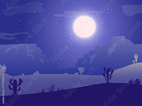 Obraz Night in the Desert panoramic view with dunes, fool moon, stars, tumbleweed and cactus. Poster template with desert night landscape, place for text. Design element for banner, invitation, flyer, card