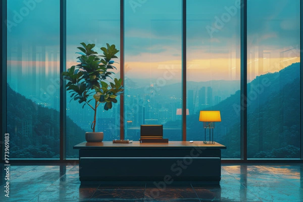 Fototapeta A minimalist with a single desk facing a large window, featuring a potted plant lamp.
