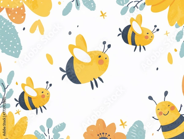 Obraz Cute watercolor clipart of bees buzzing around blooming flowers, single object, isolated on white
