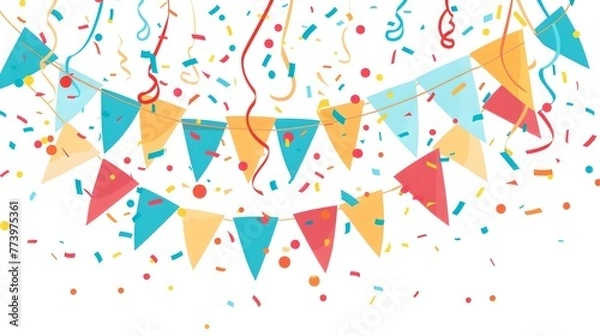 Fototapeta Colorful Party Flags and Confetti Celebration Background. Festive and Joyful Event Theme. Perfect for Invitations and Announcements. AI