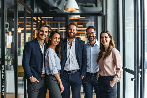 Fototapeta A diverse group of individuals standing in front of a transparent glass door