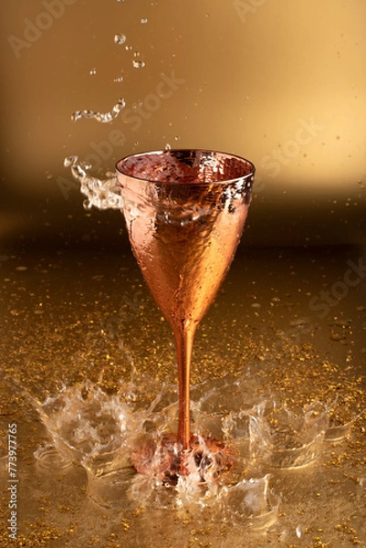 Fototapeta Glass with plashing water on a golden background