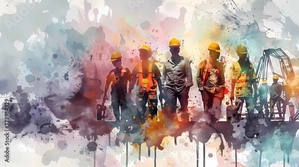 Obraz International Labor Day on May 1 with a group of workers in watercolor style, the concept of a banner with congratulations on the world holiday