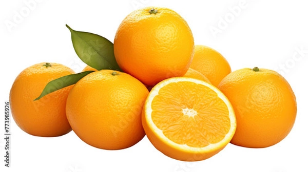 Fototapeta Fresh oranges in a vibrant pyramid, topped with green leaves, creating a colorful and juicy display of natures bounty