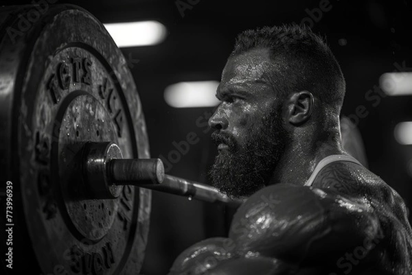 Fototapeta Energetic Weightlifter in Compression Gear Doing Intense Barbell Squats

