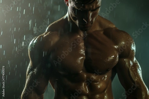 Obraz Close-up of a man's muscular physique under bright studio lights, showcasing his defined muscles and toned physique