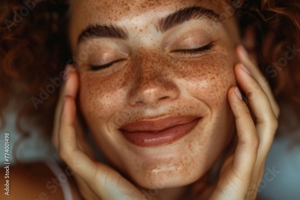 Fototapeta Close-up of a smiling woman with closed eyes, running her fingers across her smooth and glowing skin