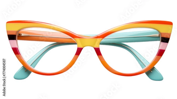 Fototapeta A vibrant pair of glasses with colorful frames resting on a white background