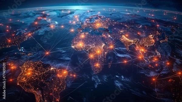 Fototapeta Interconnected trade routes highlighted on global business map