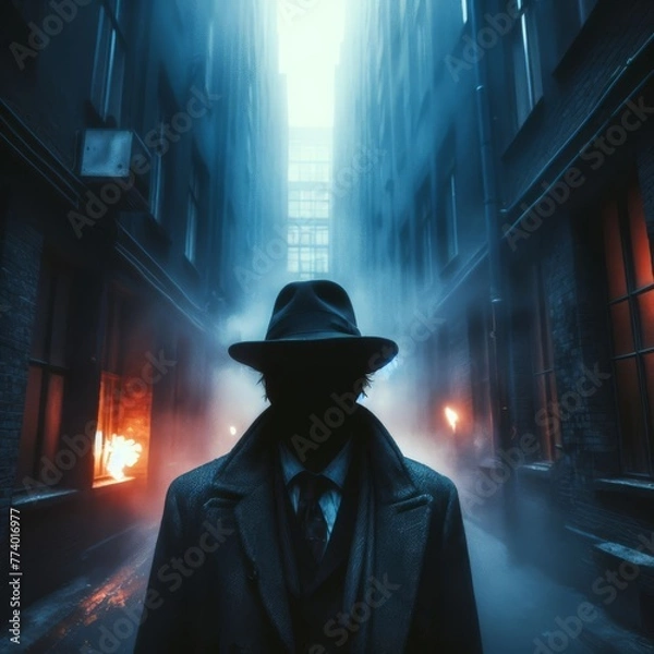 Fototapeta A noir detective stands ominously in a fog-laden alley, with fires casting an otherworldly glow on the scene.. AI Generation