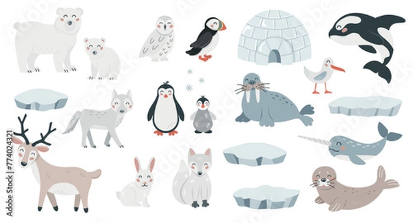 Fototapeta Set of cute cartoon arctic animals in flat style. Wild polar fauna design elements for printing, poster, card. Vector illustration
