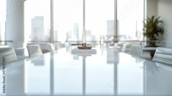 Obraz White reflecting table top copy space. Cityscape background.