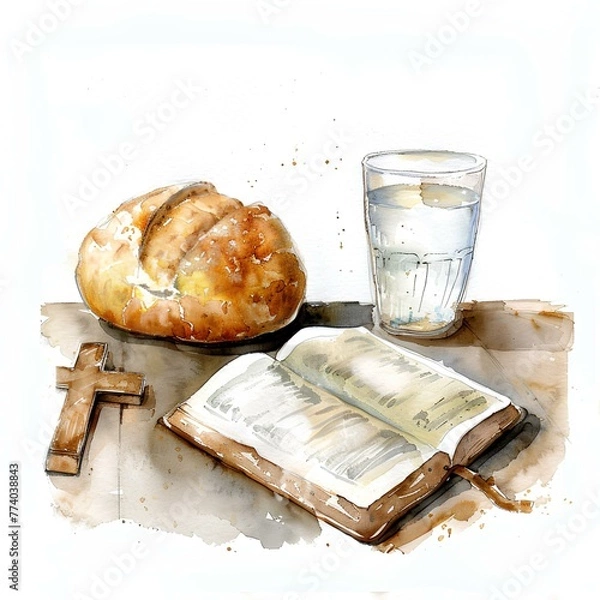 Fototapeta Religious still life , cross ,bible, glass of water and a loaf of bread on the table, watercolor illustration of fasting concept. AI generation	