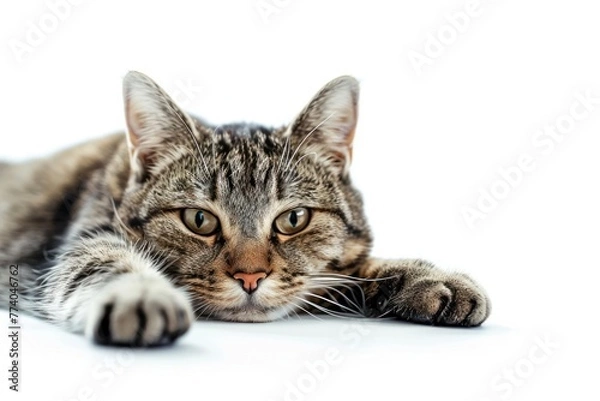 Fototapeta Domestic Cat Lying on a White Background