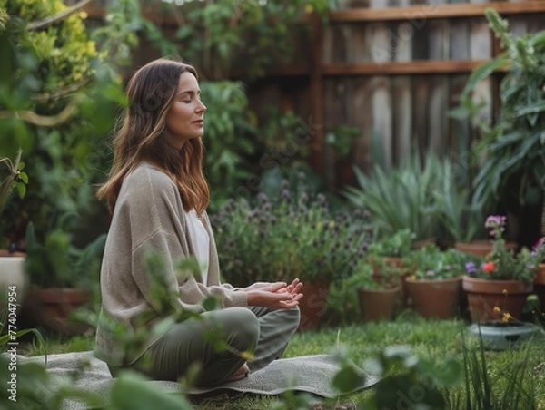 Obraz A woman practicing mindfulness while gardening in her backyard