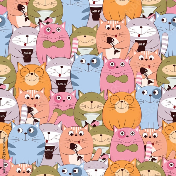 Fototapeta The pattern with cats. Seamless pattern featuring cute cats of various colors. A pattern with kittens in a cartoon style. Pattern for print and gift wrapping. Vector