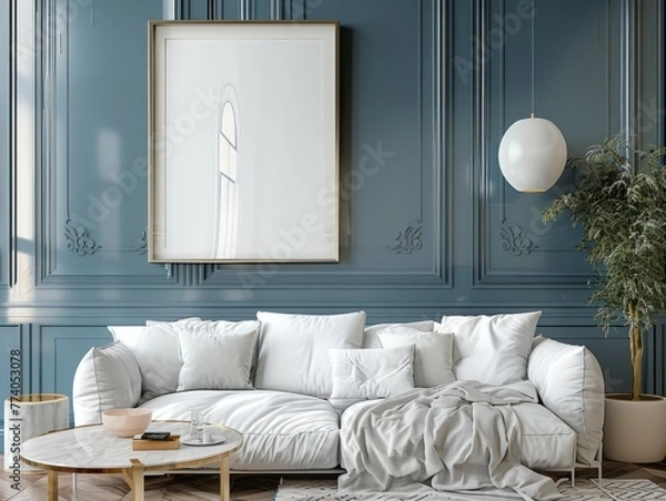 Fototapeta Frame mockup in blue interior background with sofa