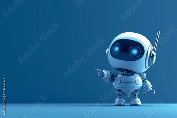 Fototapeta Positive cute robot pointing at a space. Copy space