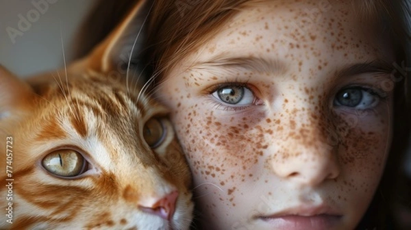 Obraz A closeup portrait of an orange cat with white spots, next to a young freckled girl. Generated by artificial intelligence.