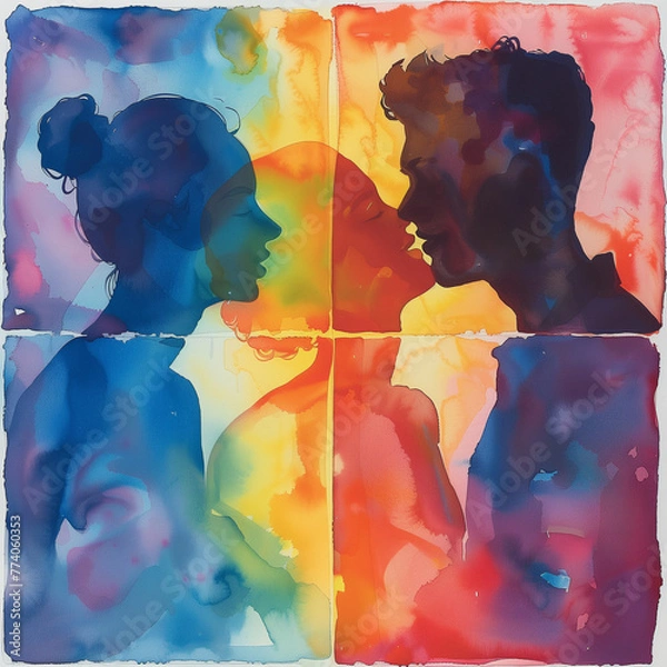 Fototapeta Watercolor painting of a couple with a faint third silhouette signifying betrayal, depicting jealousy and a love triangle through translucent layers and vibrant colors.