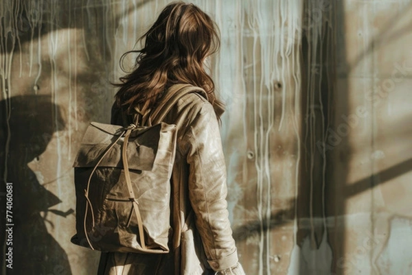 Fototapeta Get this high-resolution image of a stylish mushroom leather backpack and jacket ensemble.