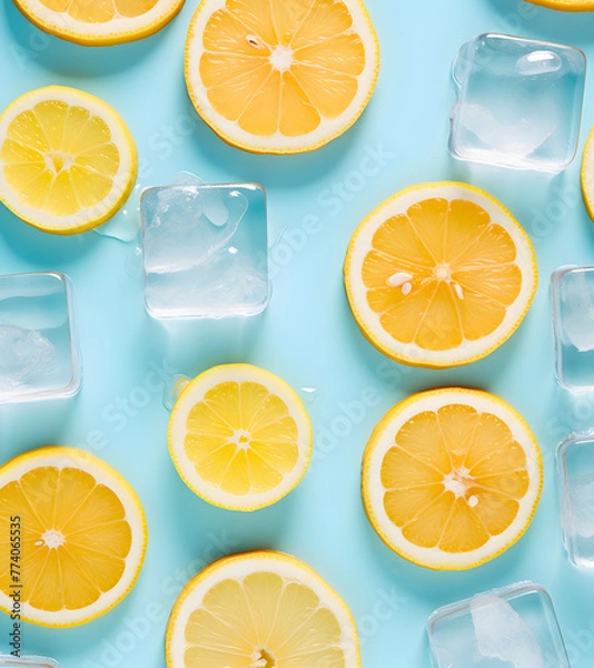 Fototapeta Fresh lemon slices surrounded by ice cubes against a vibrant blue background offer a refreshing summer concept
