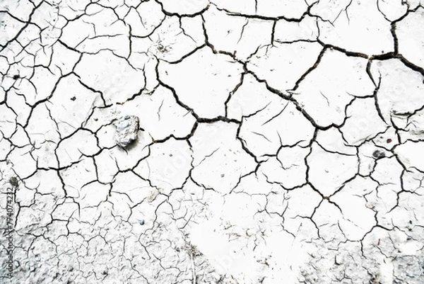 Obraz Top view of a cracked ground of an arid land shot in grayscale